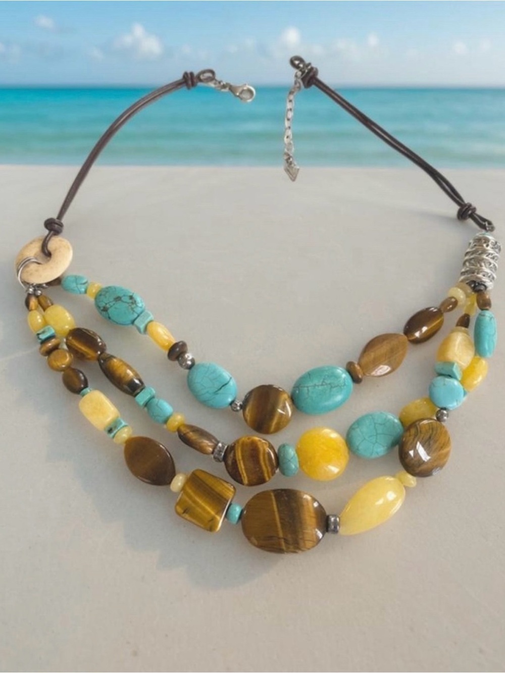 Boho Multi-Strand Turquoise & Yellow Jade Bead Necklace N1858 18” inches +